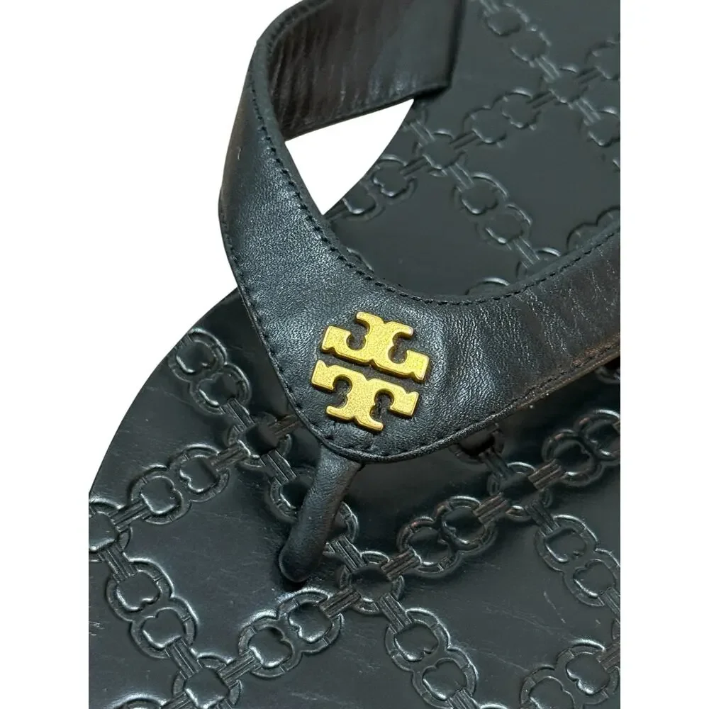 Tory Burch Monroe Leather Thong Sandals Women's Size 7 Black Gold Logo